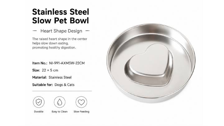 Stainless Steel Heart Slow Feeder Bowl
