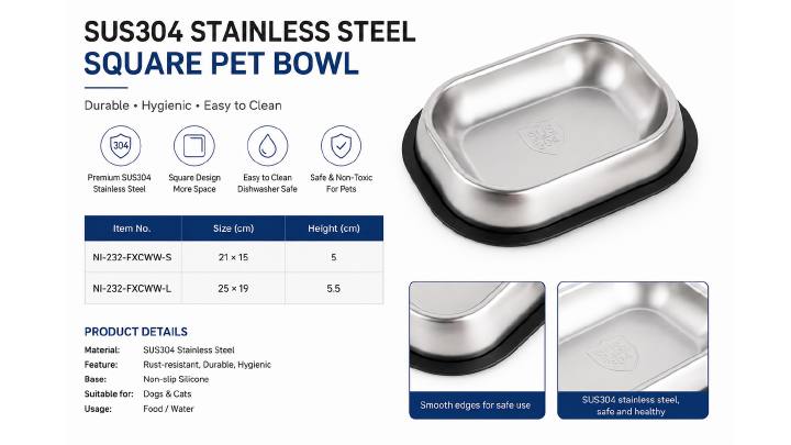 SUS304 Square Pet Bowl